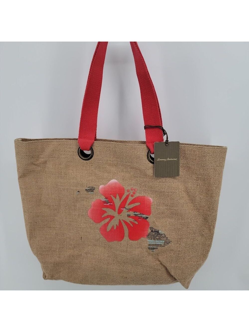 Tommy Bahama Hawaiian Hibiscus Jute Beach Tote Bag NWT Island Vacation Bag - Picture 2 of 12